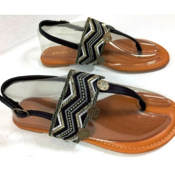 Womens Boho Chevron Embroidered T-Strap Sandal 6.5 Black Gold with Charms - Picture 2 of 8